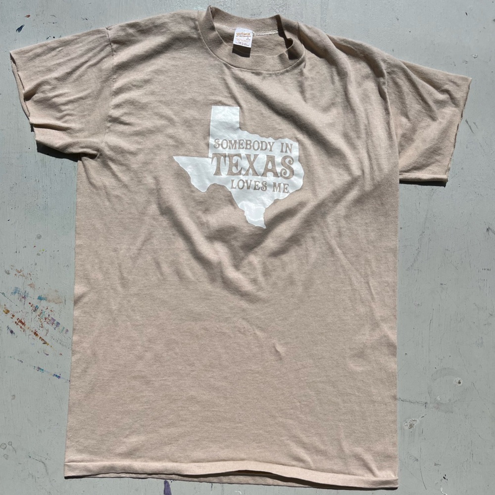 Men's Vintage Sportswear T-Shirt Beige Texas L Crew USA Single Stitch Distressed